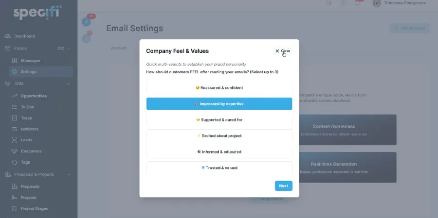 Bob the AI drafting a project update email in the Specifi platform