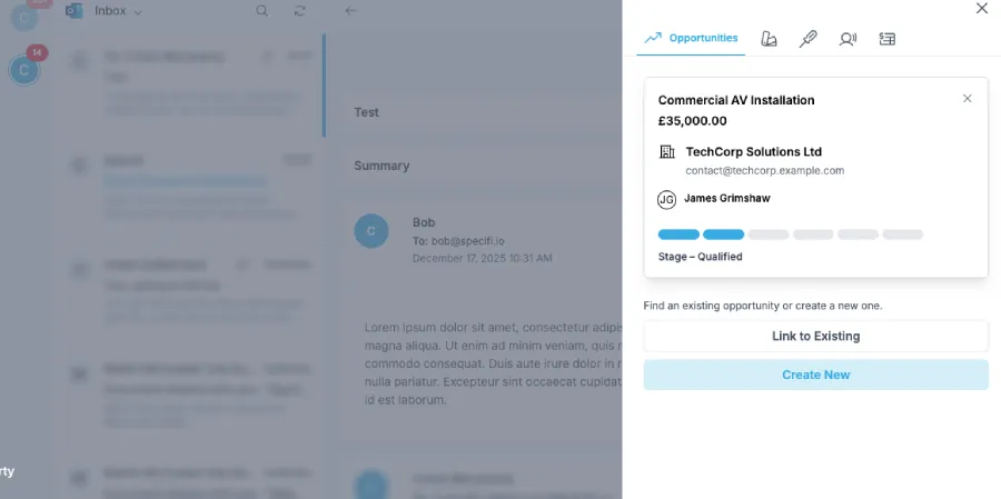 Specifi linking an inbound client email to a CRM opportunity