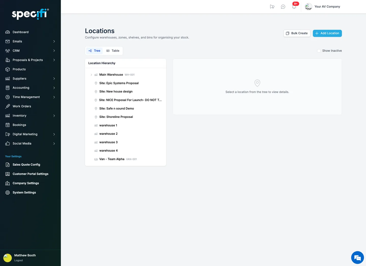 Specifi inventory location hierarchy: warehouse, zones, vans, sites