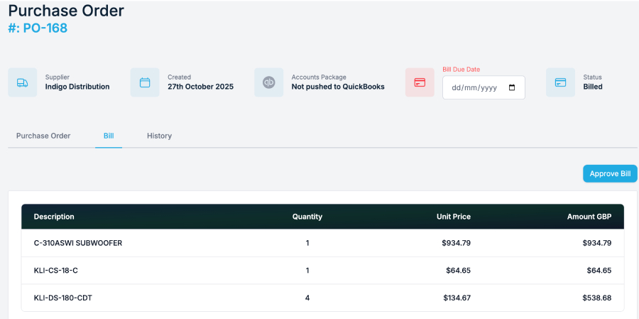 Screenshot of Specifi purchase order generation
