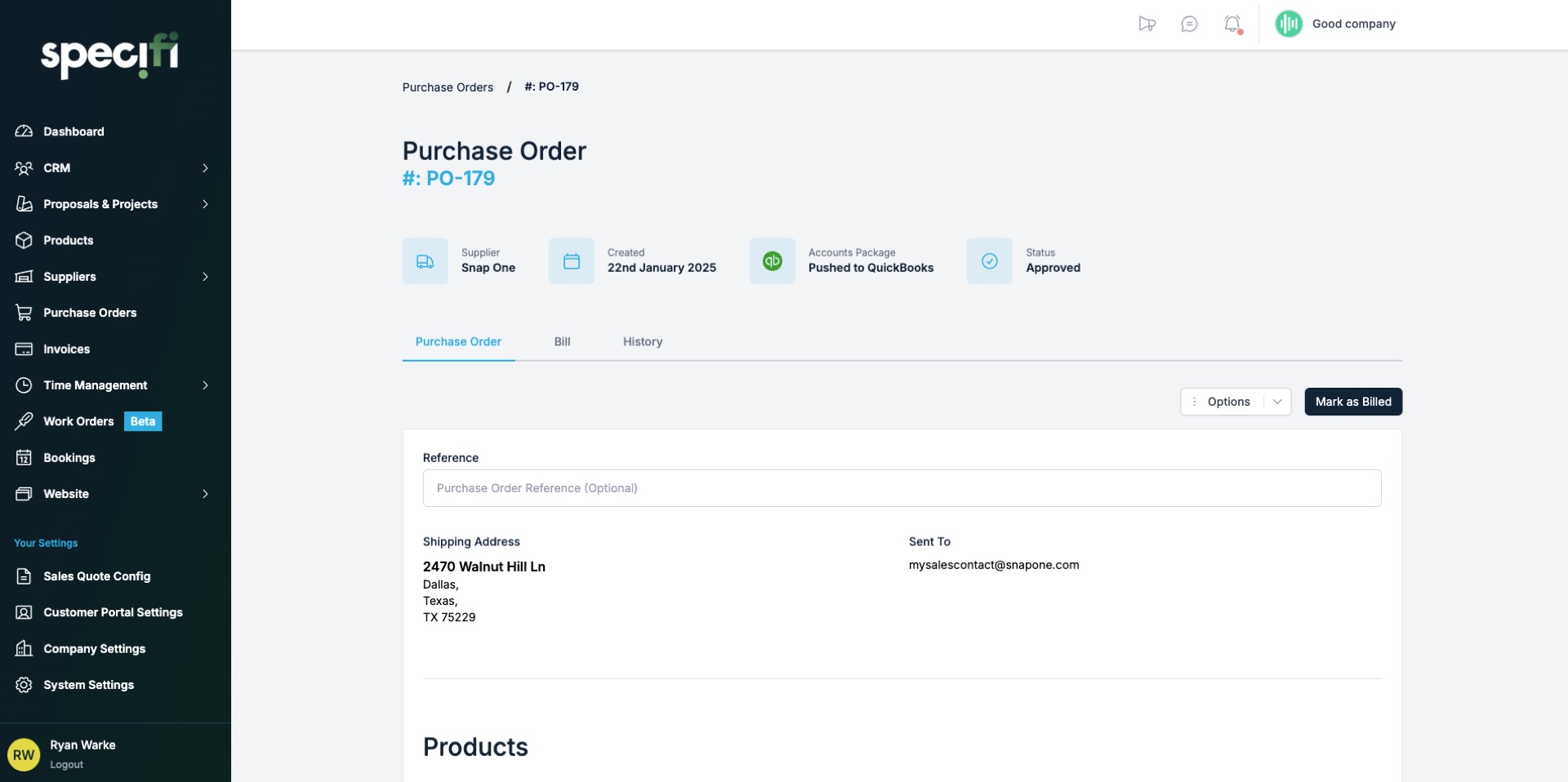 Screenshot of a Specifi Purchase Order