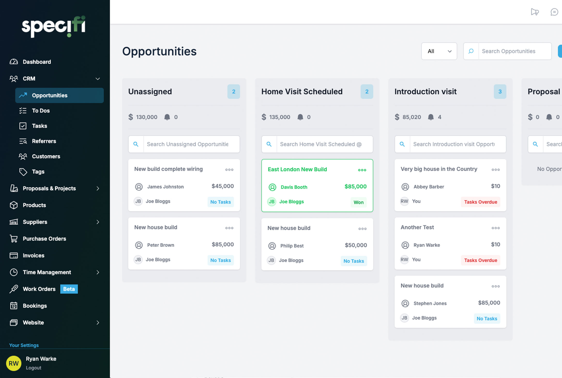 Screenshot of Specifi Opportunities within the CRM