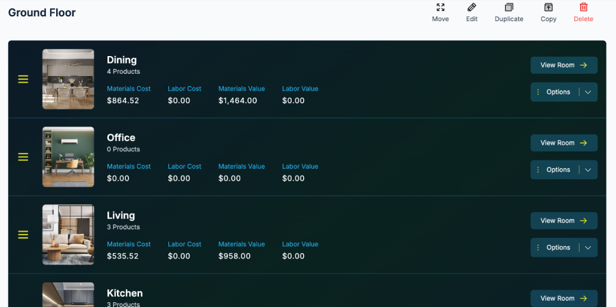 Specifi Room-by-Room Proposal Screenshot of Specifi room-by-room proposal layout