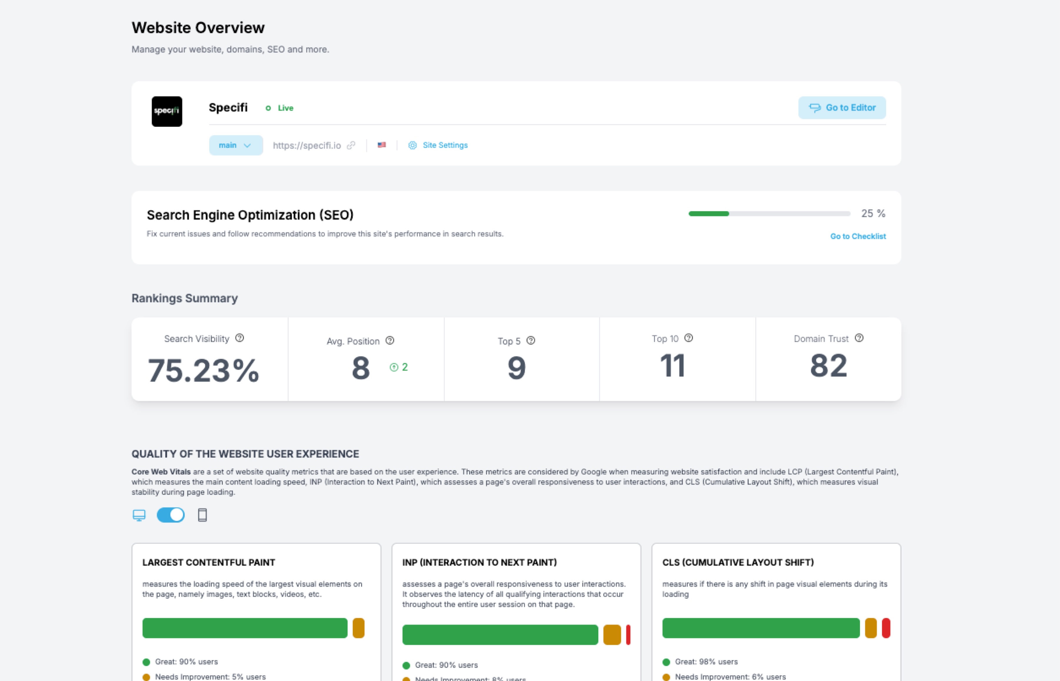 Screenshot of the Specifi SEO Dashboard