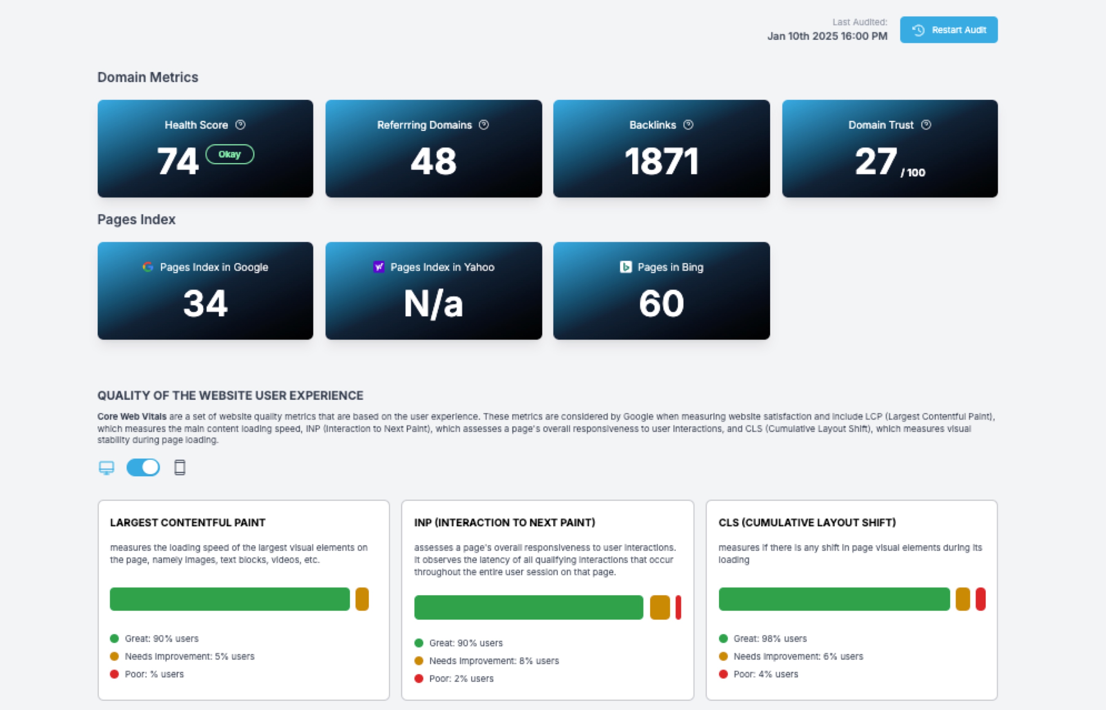 Screenshot of the Specifi Website Audit tool