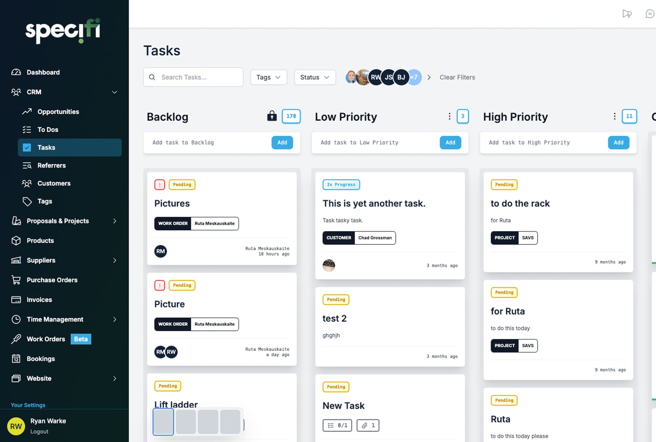 Screenshot of Specifi Tasks within the CRM