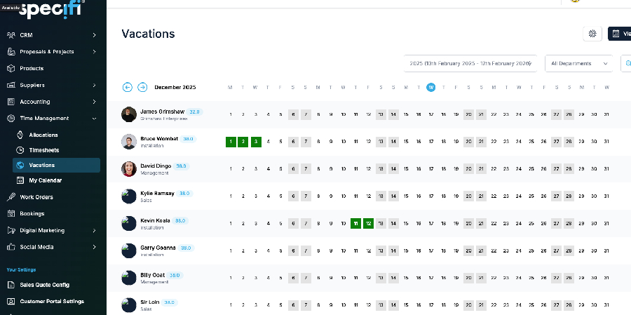 Screenshot of Specifi holiday and time off management