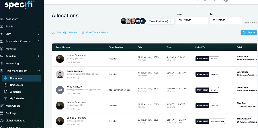 Screenshot of Specifi estimate vs actual time reporting