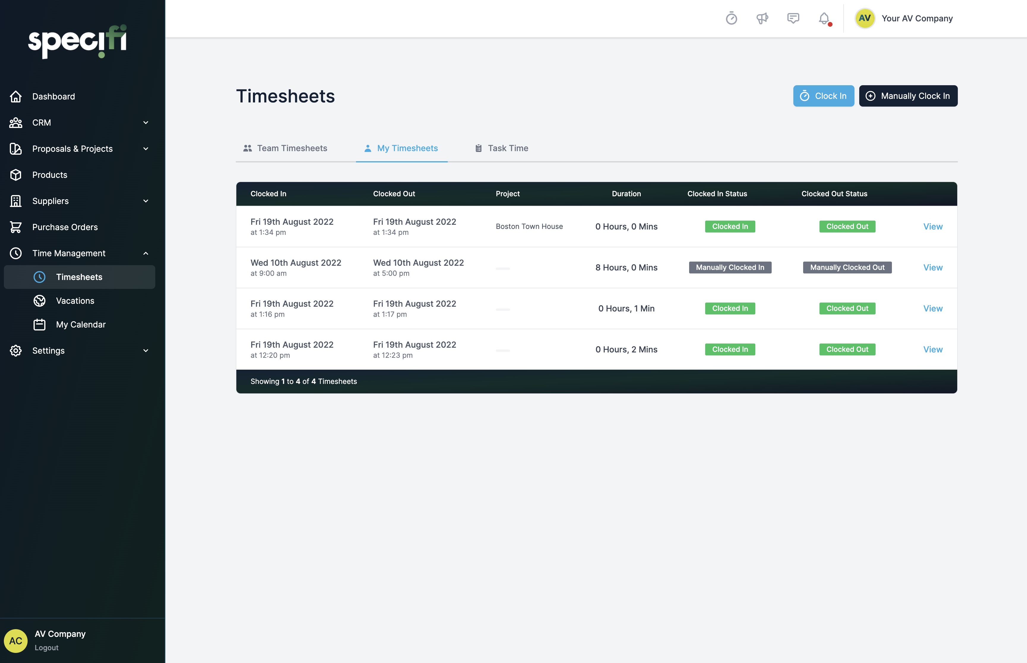 Screenshot of Specifi Timesheets