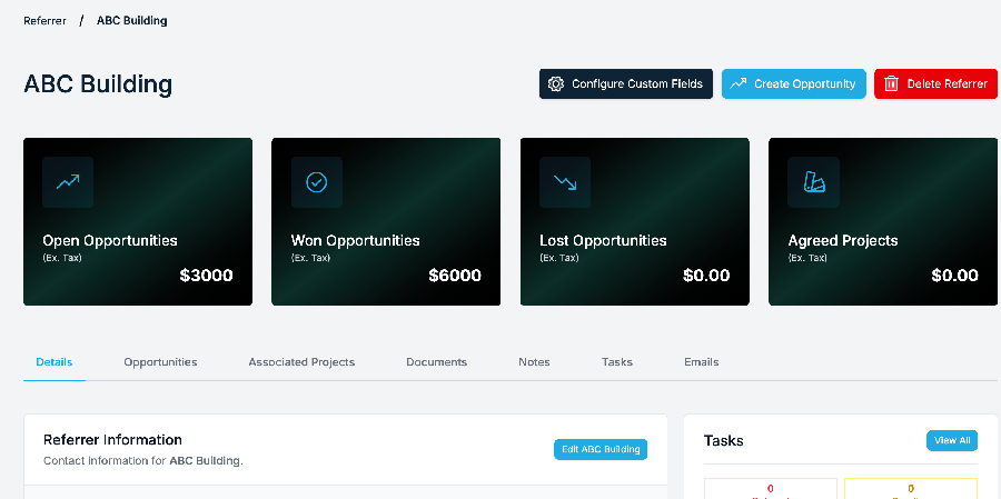 Specifi CRM referrer detail with open, won, lost, and agreed project totals