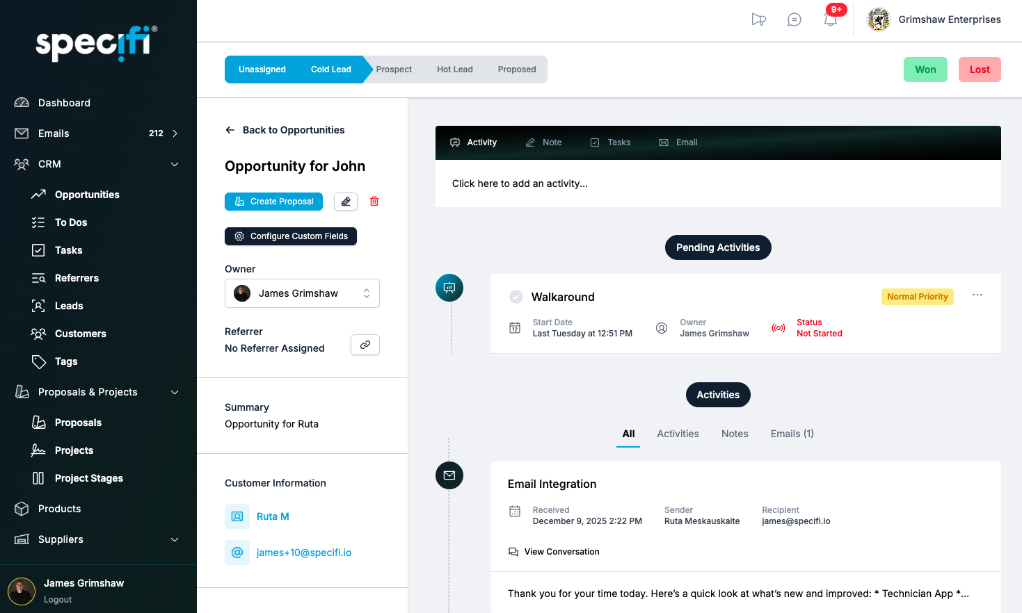 Specifi CRM opportunity detail with proposal and activity timeline