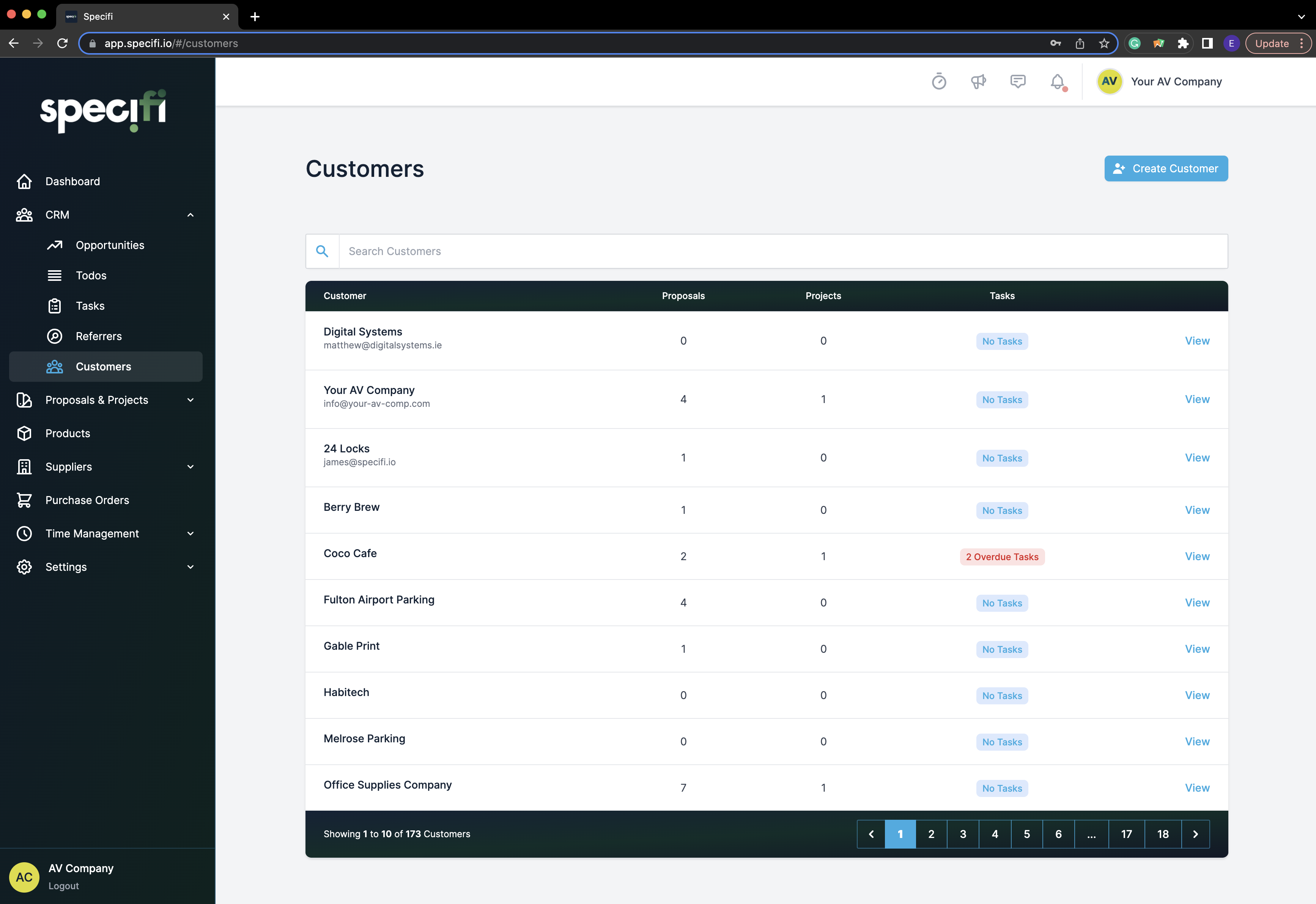 Specifi CRM customer record showing email history, proposals, projects, and tasks