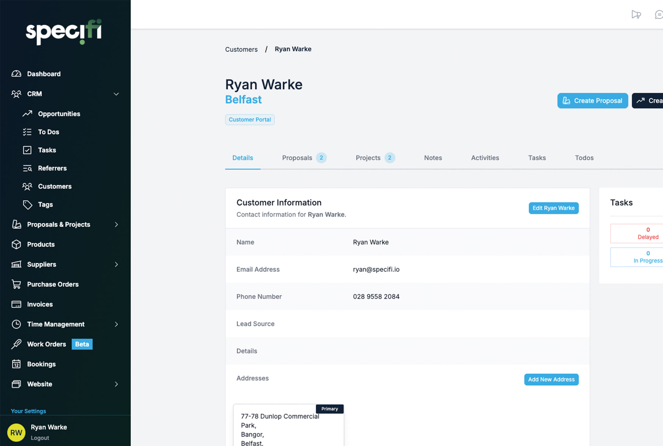 Specifi CRM customer record with branded customer portal access and project tabs