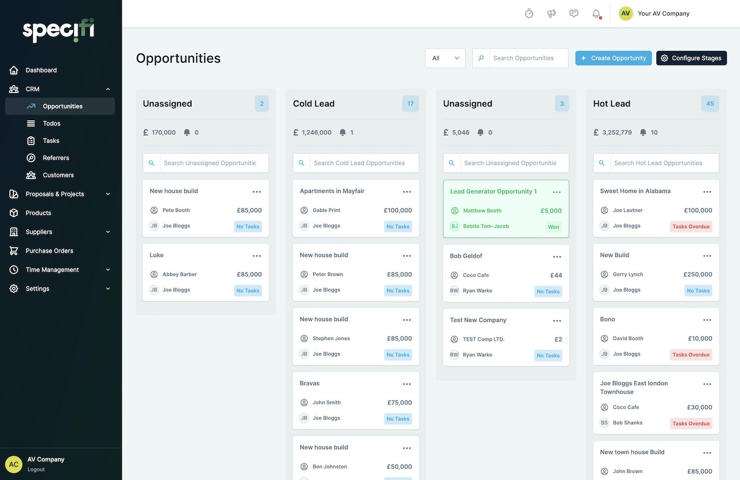 Specifi CRM opportunities pipeline board with drag-and-drop deal stages