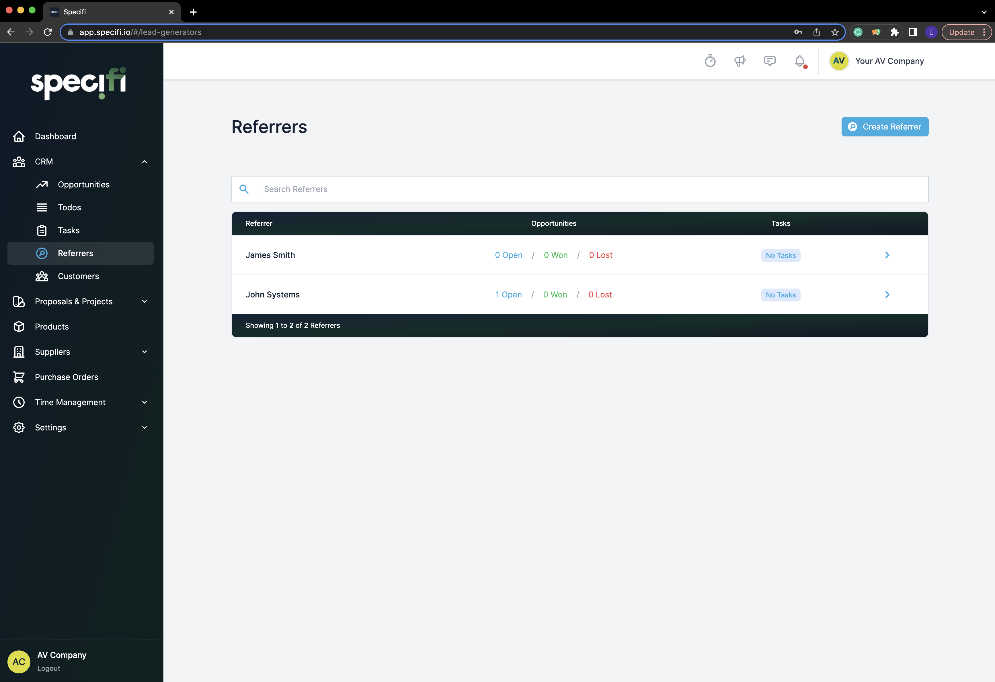 Specifi CRM referrers list with open, won, lost, and revenue counts per referrer