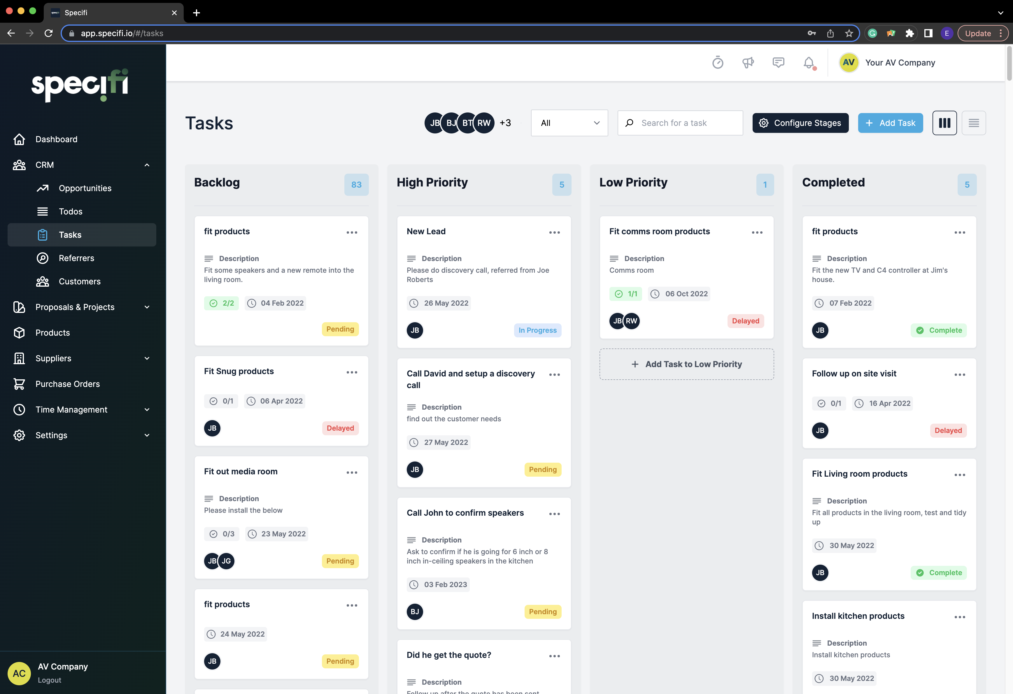 Specifi CRM task board with priorities, due dates, and assigned team members