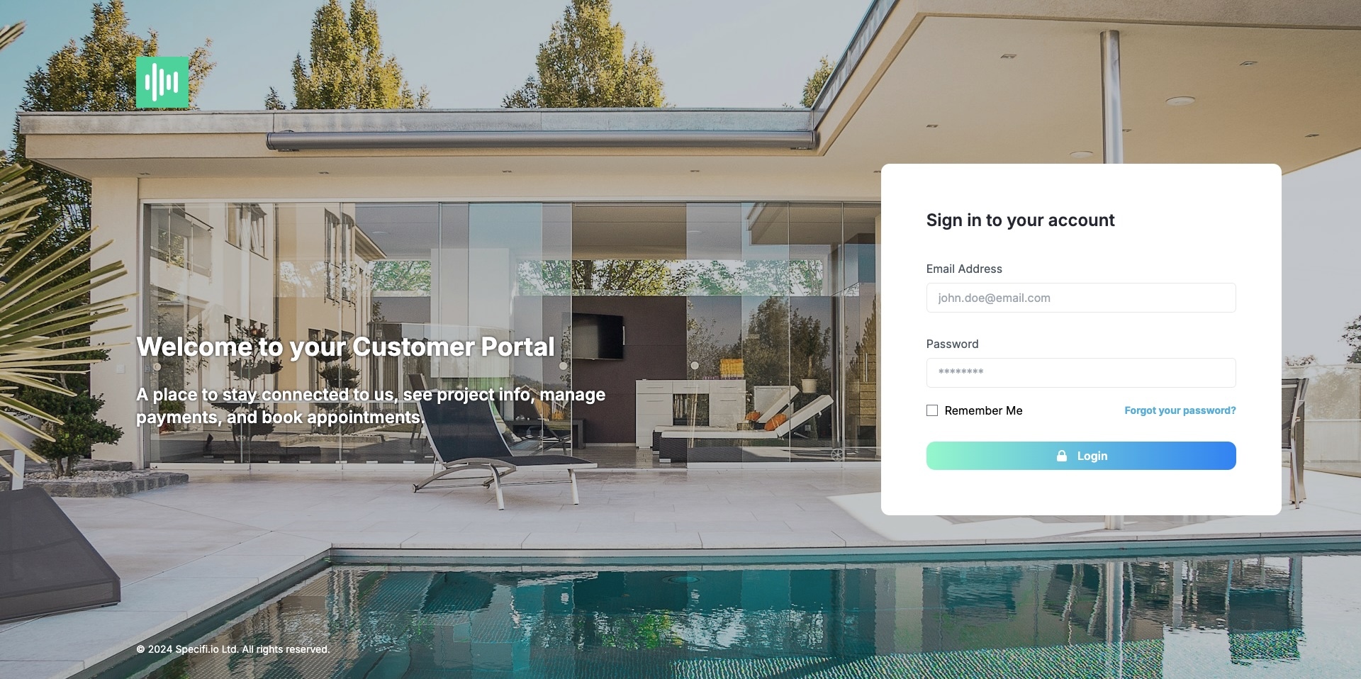 Specifi customer portal preview showing the three-step go-live flow: create, add, invite