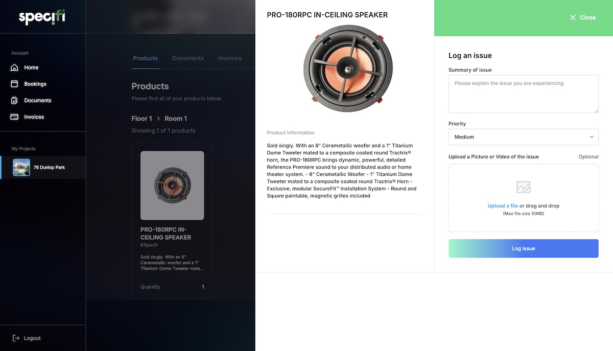 Specifi customer portal change-order approval flow with diff view, audit trail, and e-signature