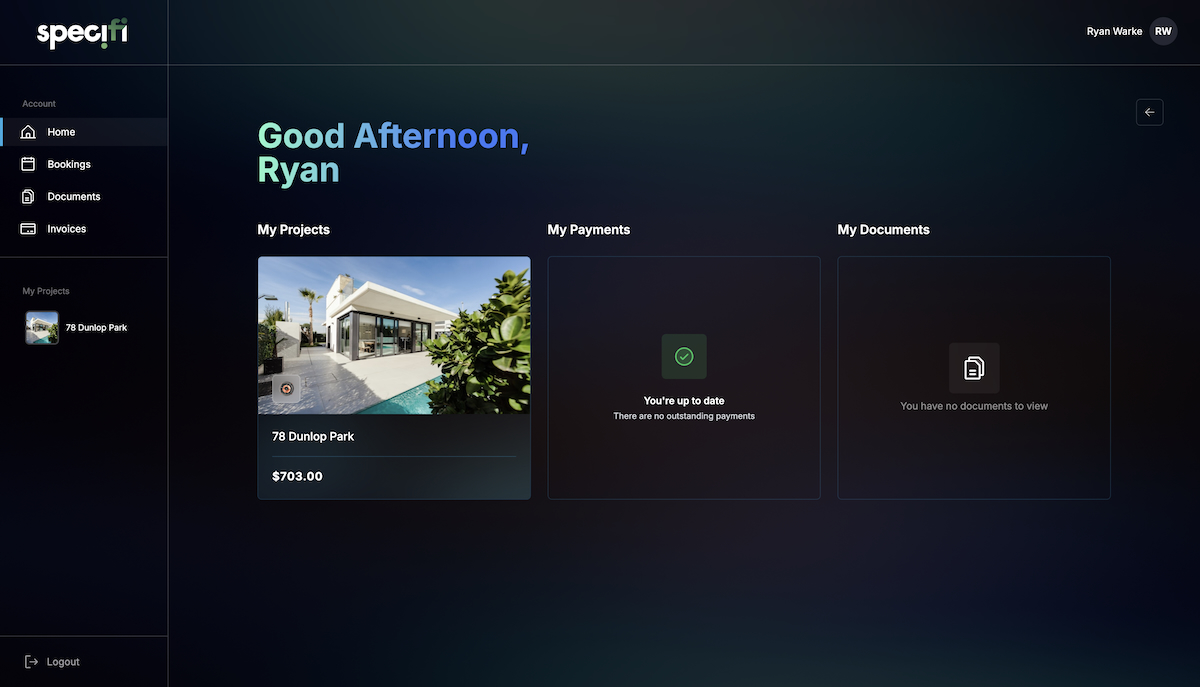 Specifi branded customer portal dashboard with live project status, invoice payments, and service booking