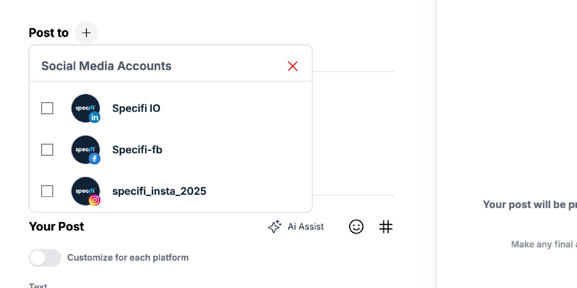 Specifi Echo multi-platform publishing screen