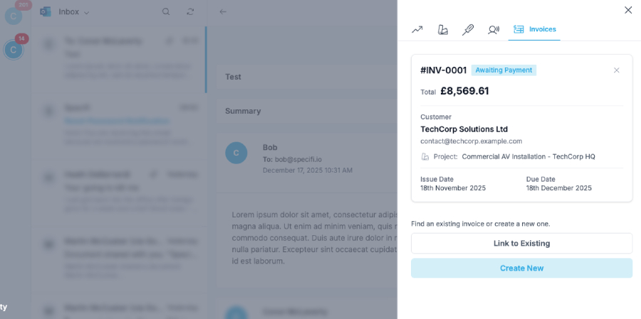 Specifi email linked to invoice and payment record showing finance timeline