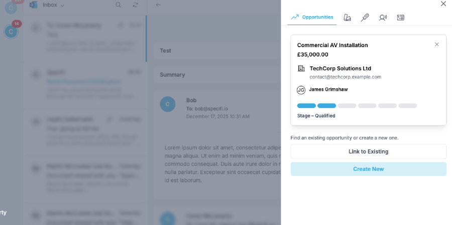 Specifi create-from-inbox flow turning an email into a CRM opportunity