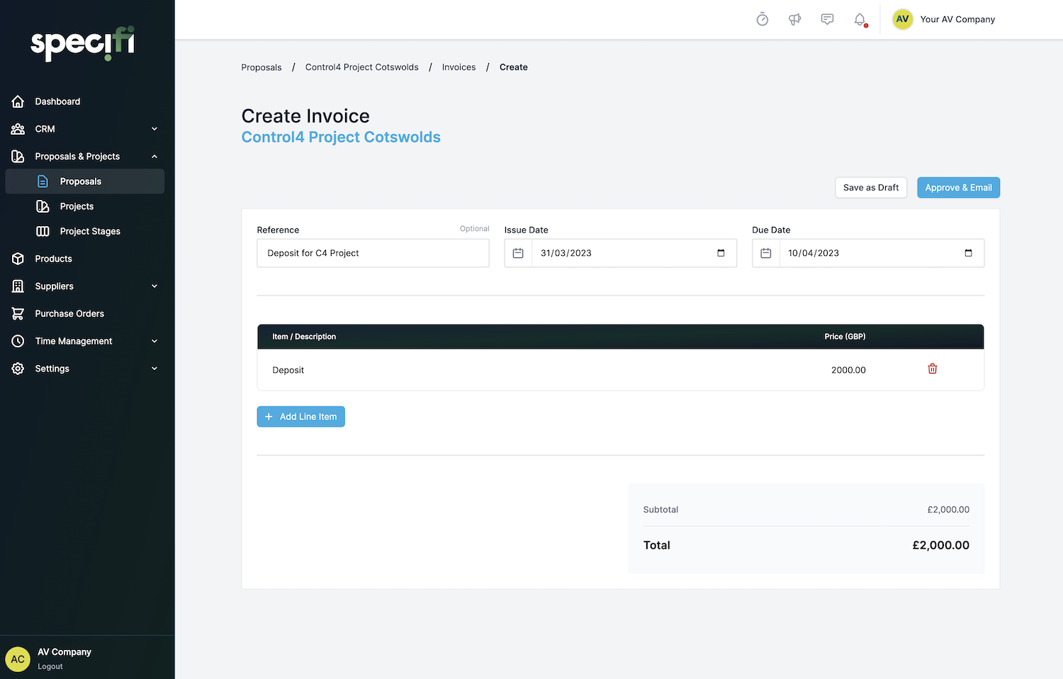 Specifi invoicing dashboard with active and recently paid invoices
