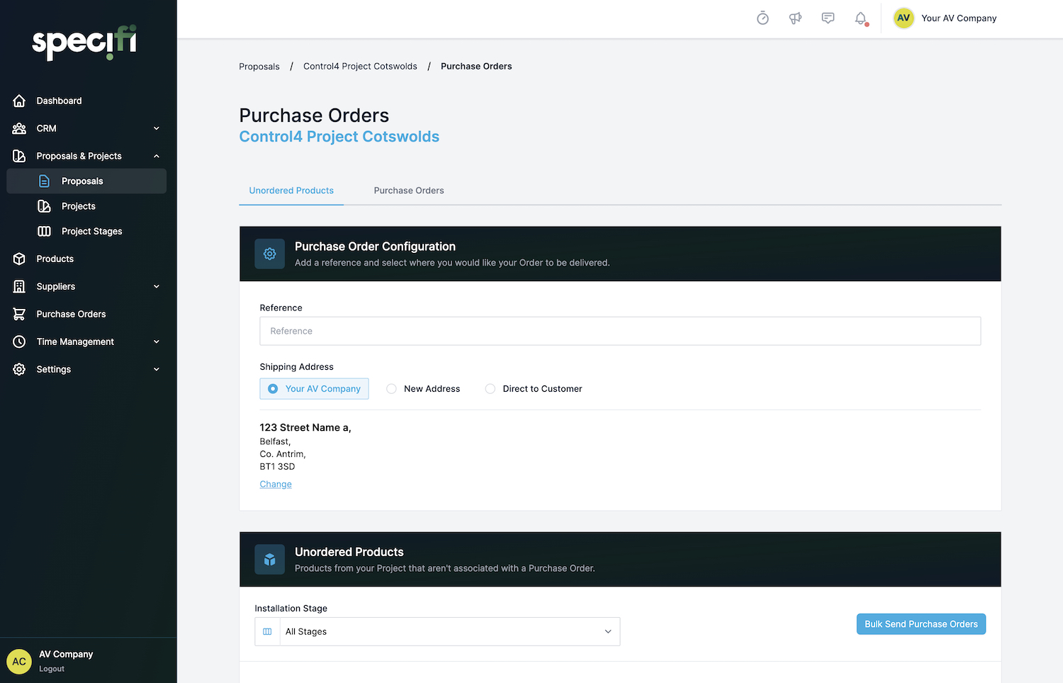 Specifi purchase-order tracking board with pending, confirmed, dispatched, delivered, and back-ordered states