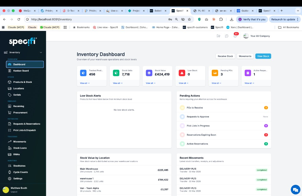 Specifi inventory dashboard with stats, widgets, and configurable layout