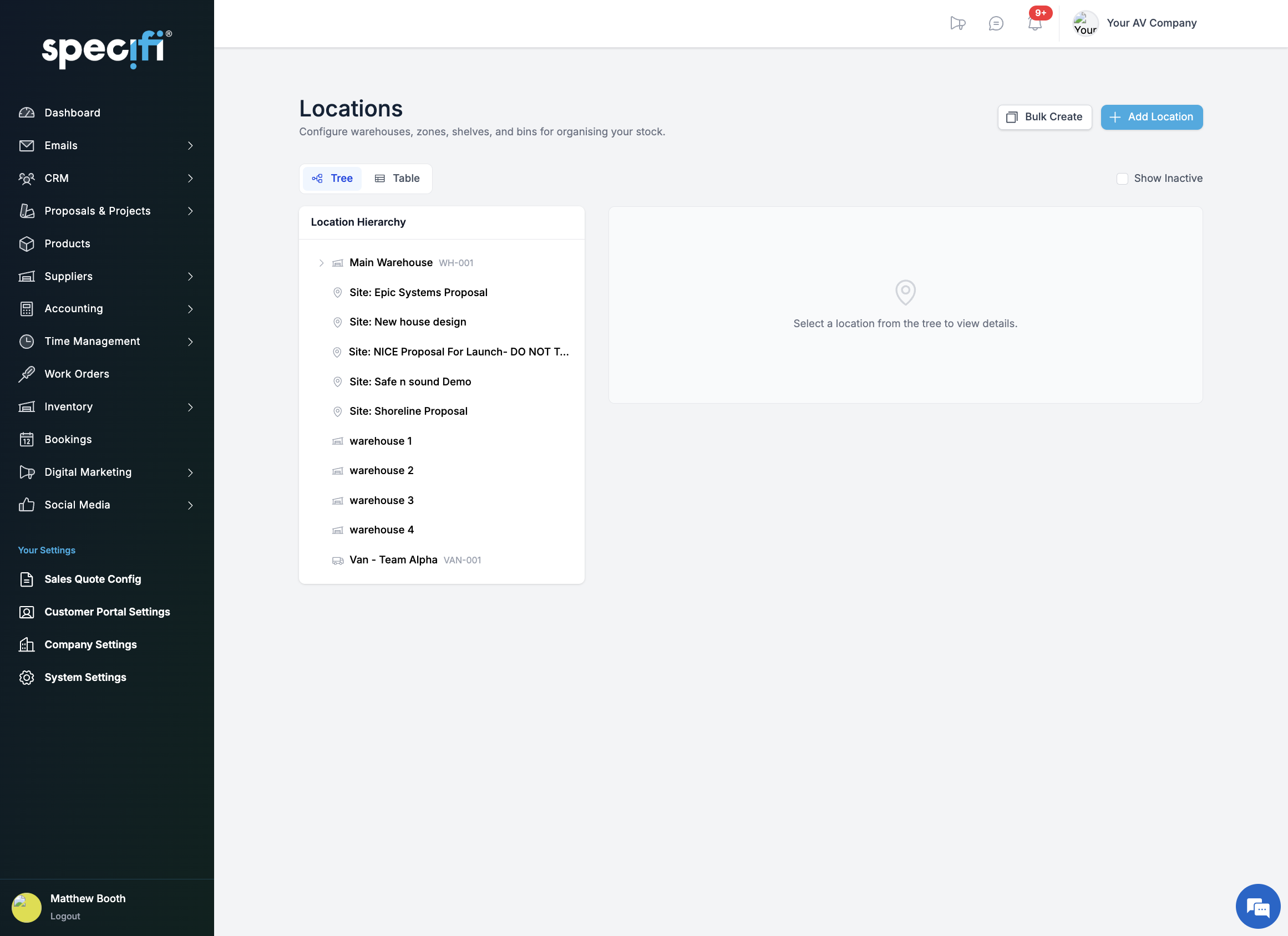 Specifi inventory location hierarchy showing warehouses, zones, vans, and project sites
