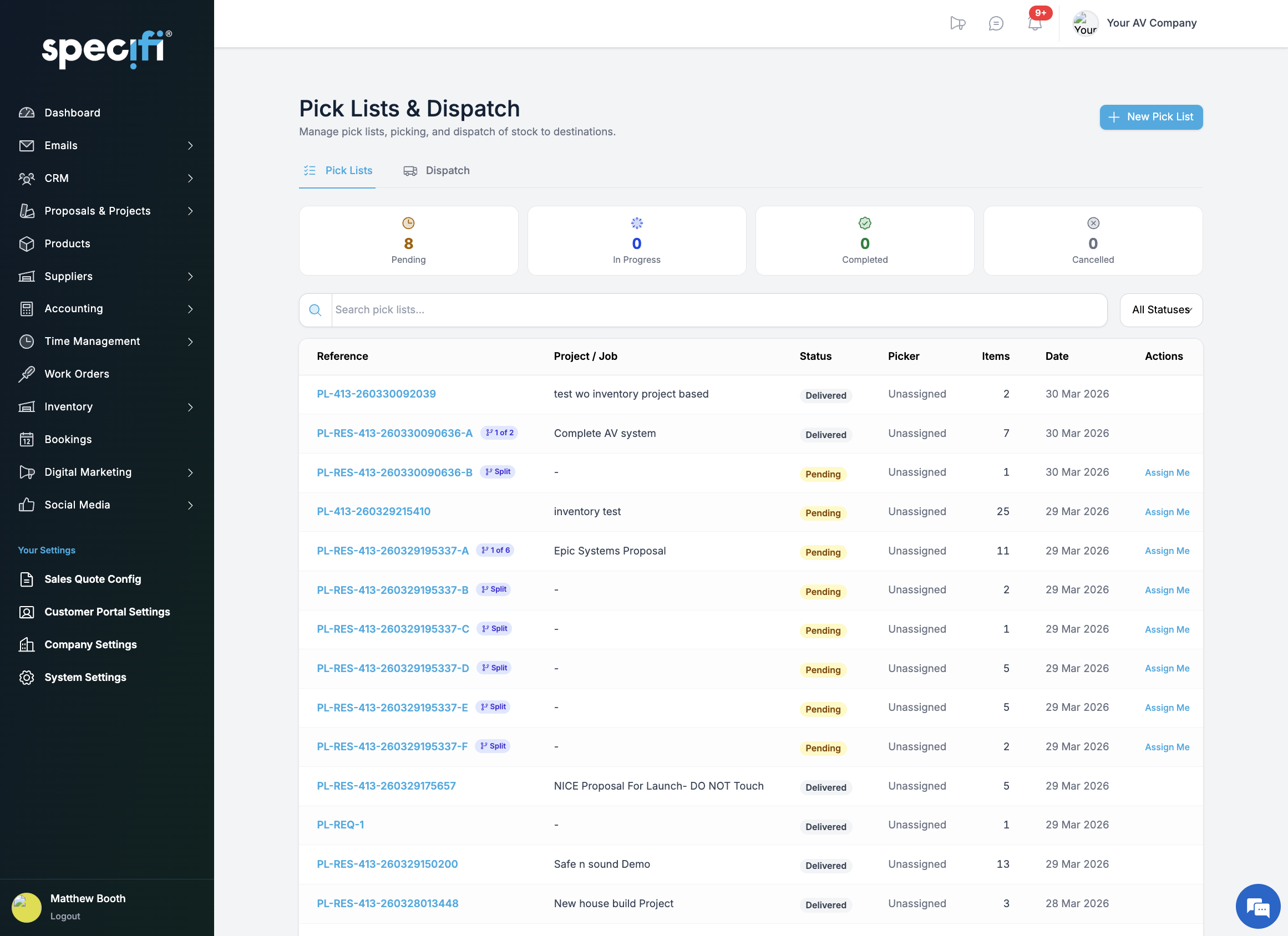 Specifi pick lists and dispatch board
