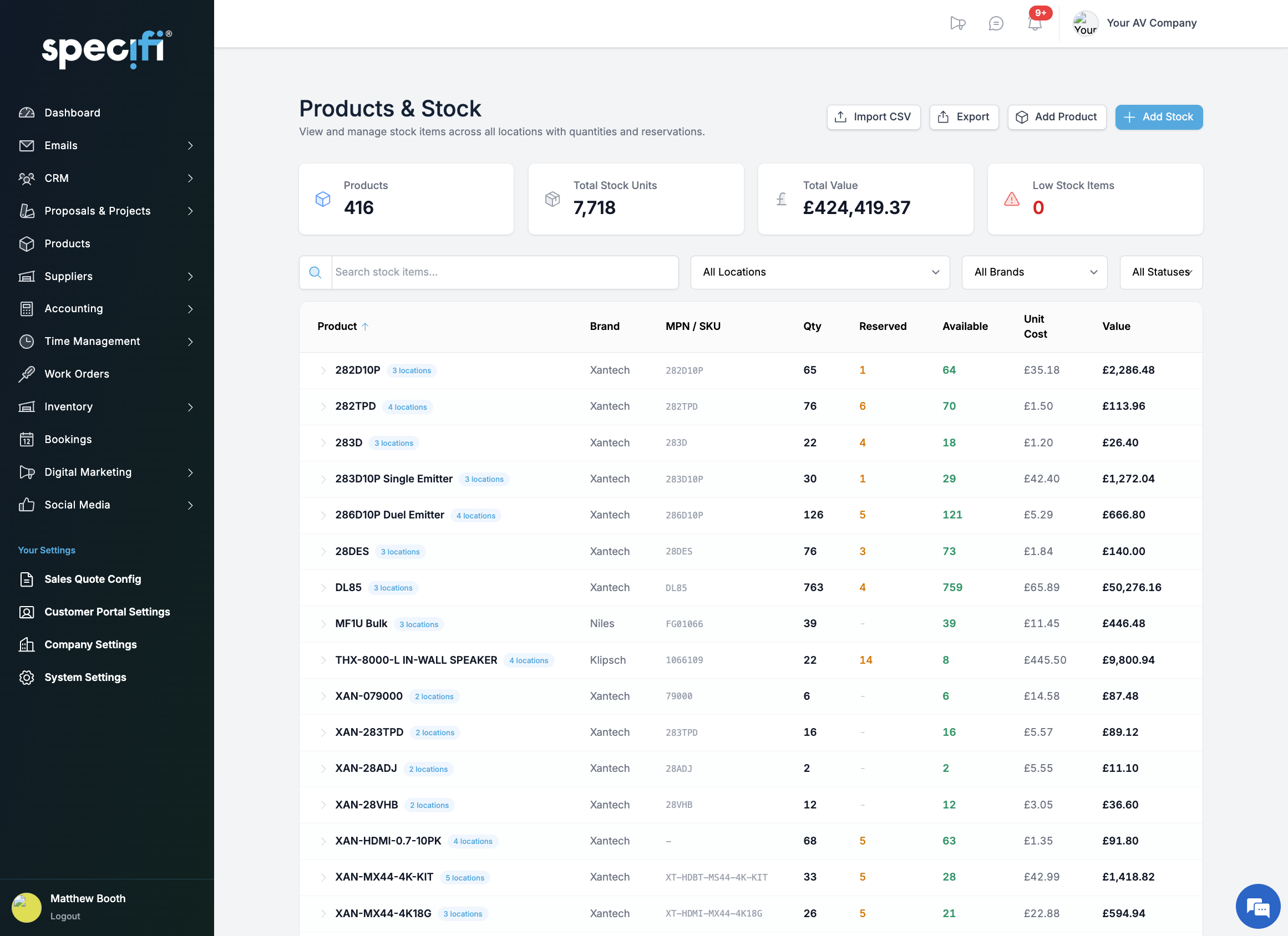Specifi inventory products and stock view with pipeline badges