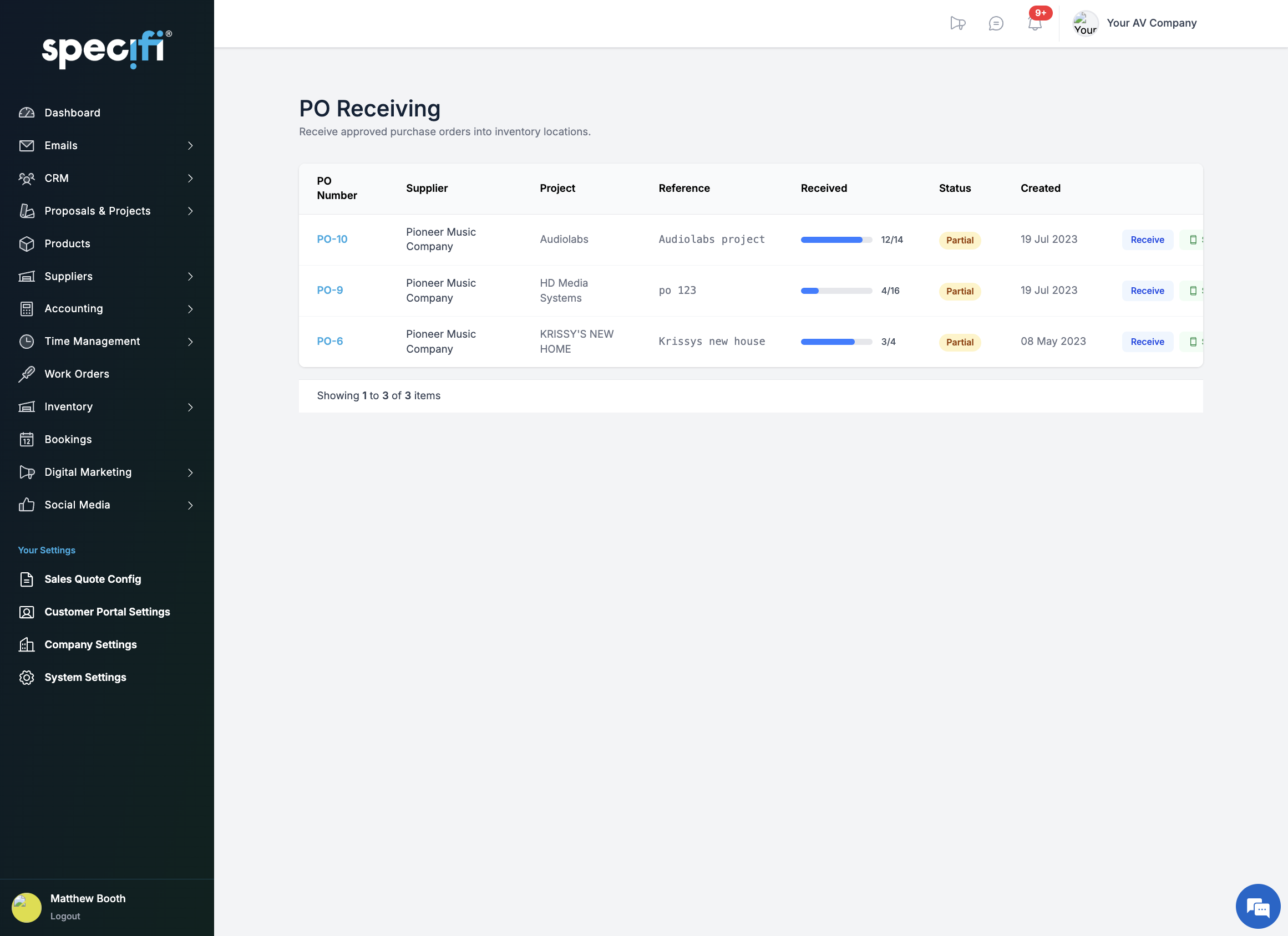 Specifi inventory receiving screen with match, variance, and zero indicators