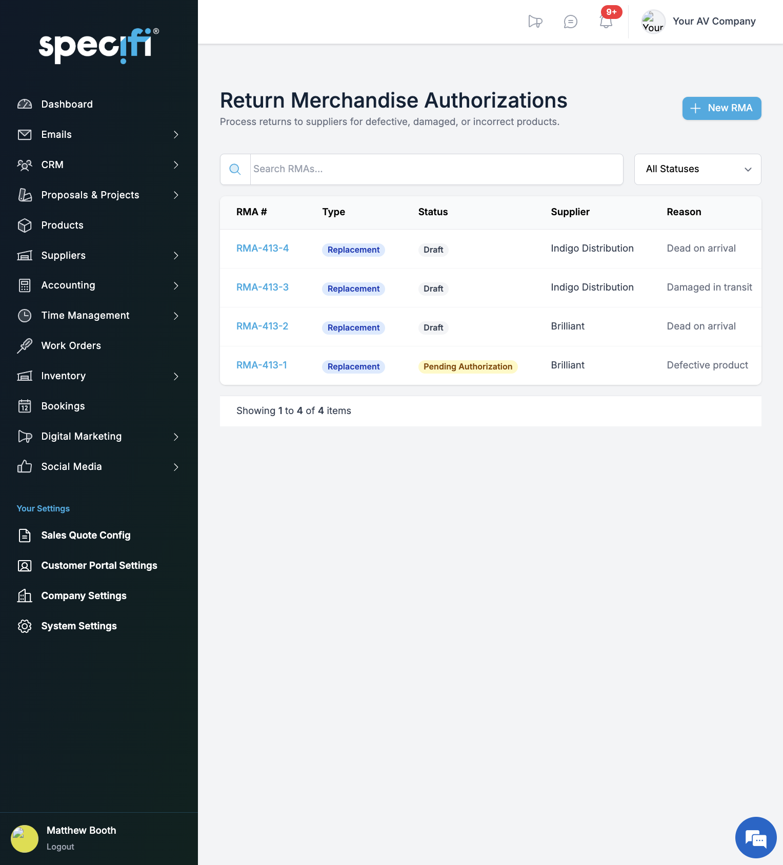 Specifi RMA workflow showing draft through completion stages