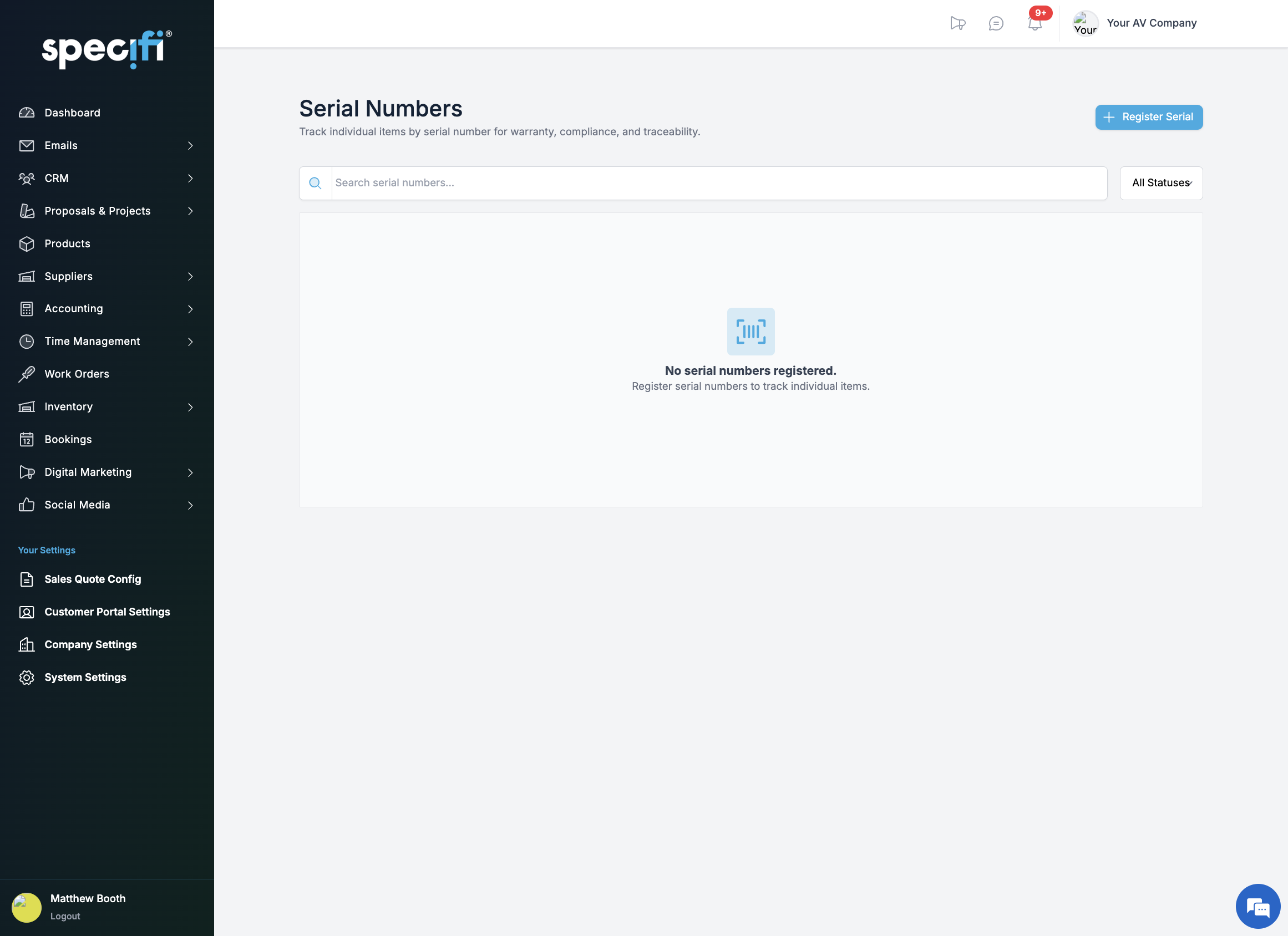 Specifi serial number tracking register with lifecycle statuses