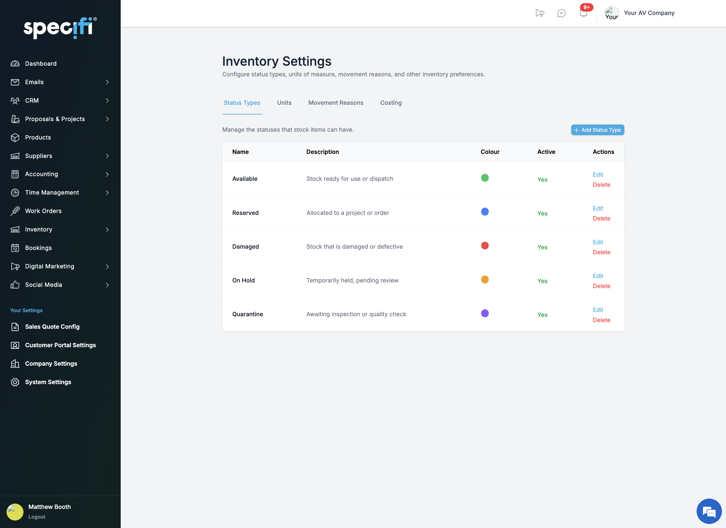 Specifi inventory setup wizard with 6-step configuration flow