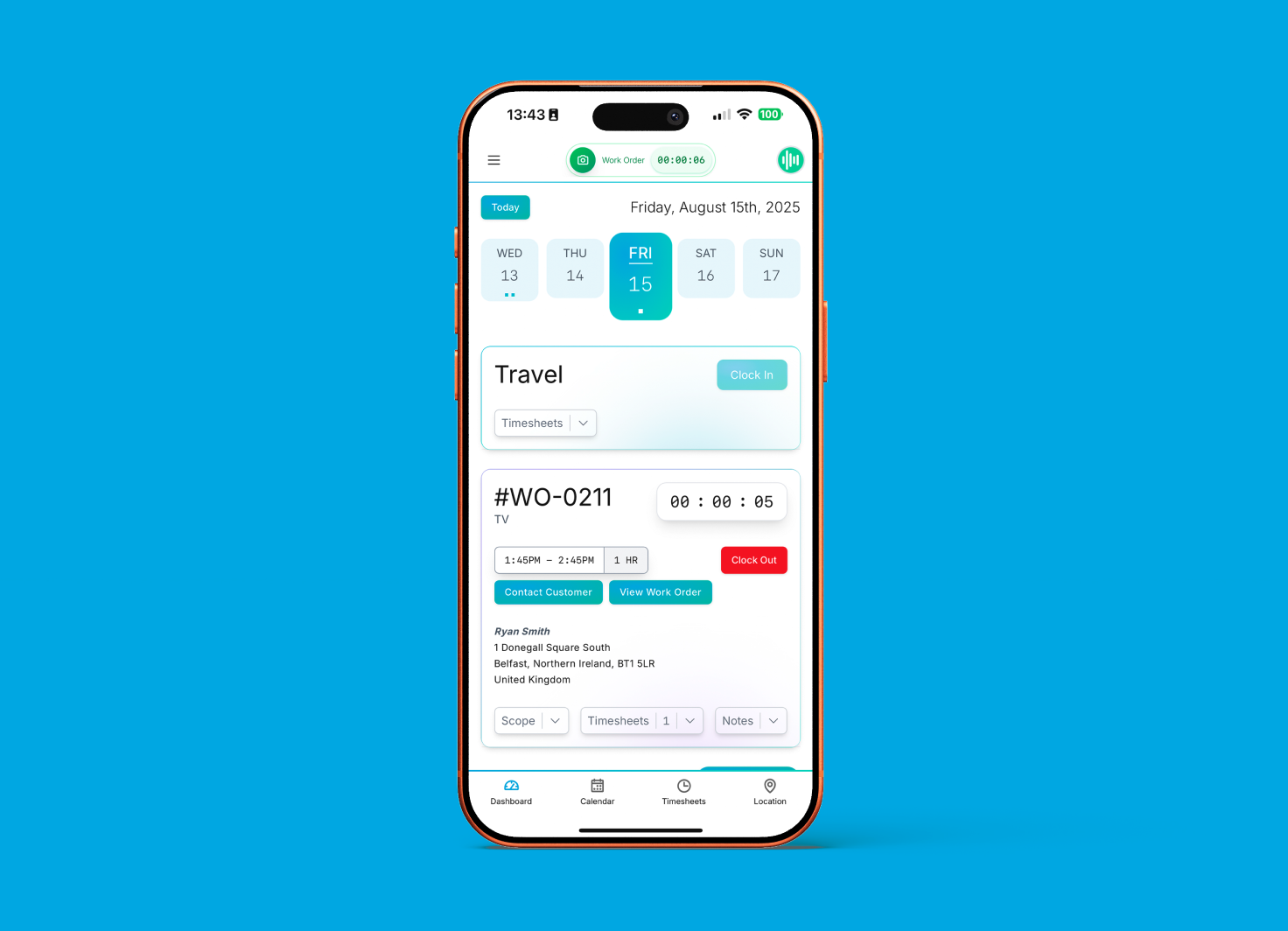 Specifi mobile Today view for Friday 15 August 2025 with a Wed-to-Sun weekday picker, a separate Travel clock-in card with Timesheets dropdown, and an active TV work-order (#WO-0211 for Ryan Smith in Belfast) running a 1:45 PM to 2:45 PM, 1-hour slot with a red Clock Out button