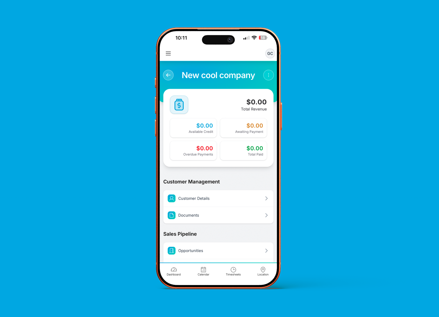 Specifi mobile CRM customer-record screen for "New cool company" showing Total Revenue, Available Credit, Awaiting Payment, Overdue Payments, and Total Paid stat tiles, a Customer Management section linking to Customer Details and Documents, and a Sales Pipeline link to Opportunities