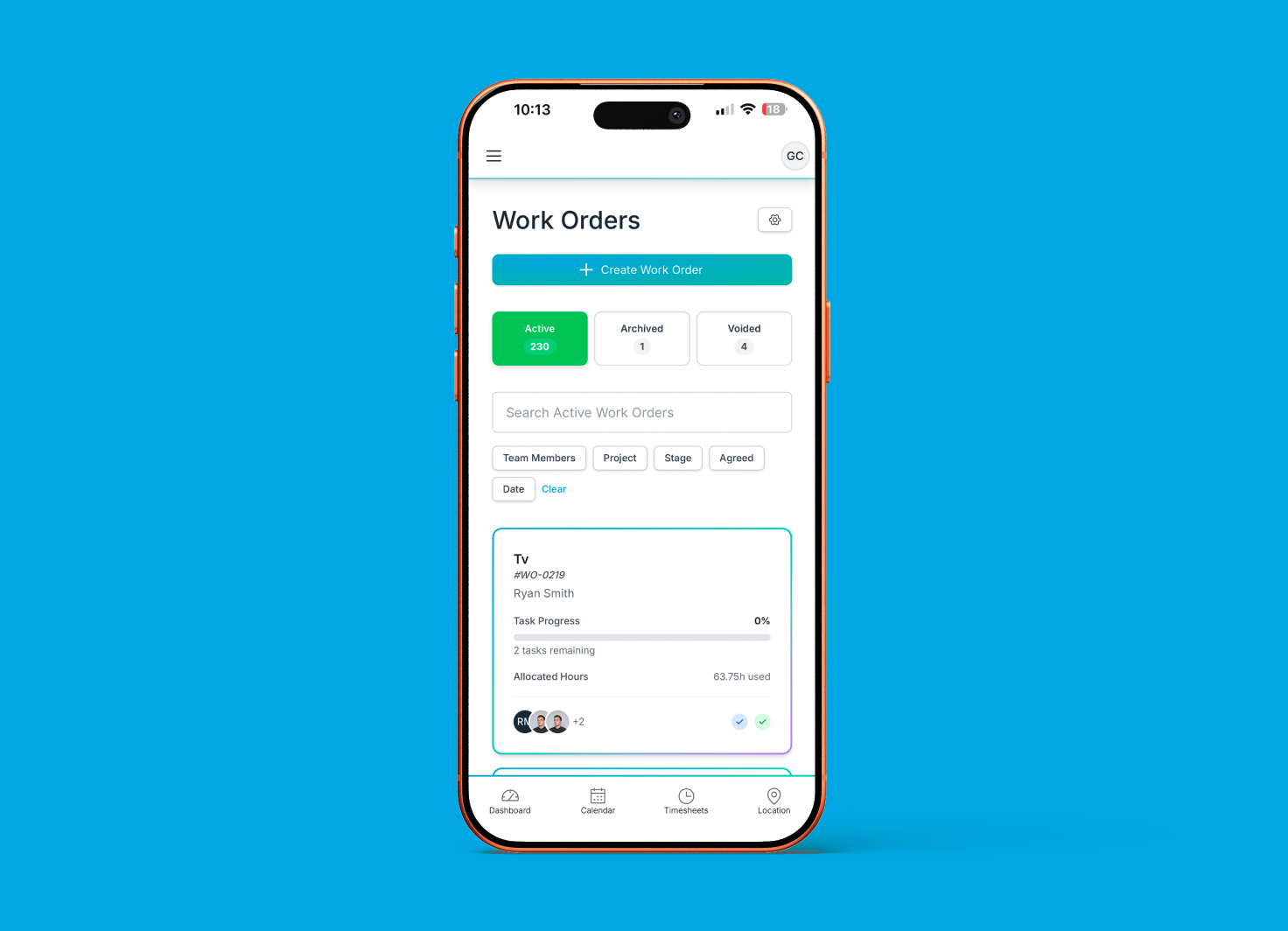 Specifi mobile work orders list with a Create Work Order CTA, Active 230 / Archived / Voided tabs, a search bar, Team Members / Project / Stage / Agreed / Date filter chips, and an in-progress TV install (#WO-0219) for Ryan Smith with task progress, allocated hours, and crew avatars