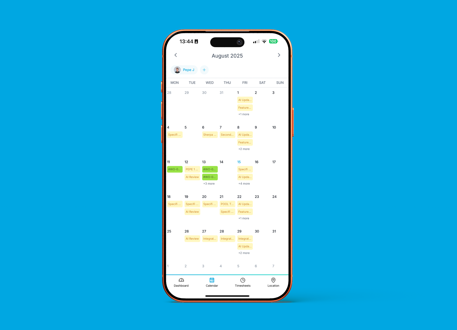 Specifi mobile calendar month view for August 2025 with the technician's avatar pill (Pepe J), work-order entries colour-coded green and event entries colour-coded yellow across the working week, multi-event days collapsed under "+N more" links