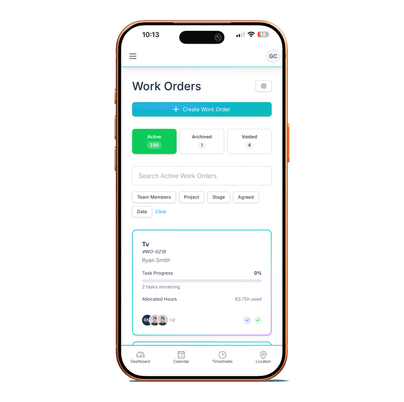 Specifi native iOS and Android field app showing a technician's daily work orders with site address, parts pick list, schematics, and one-tap GPS clock-in