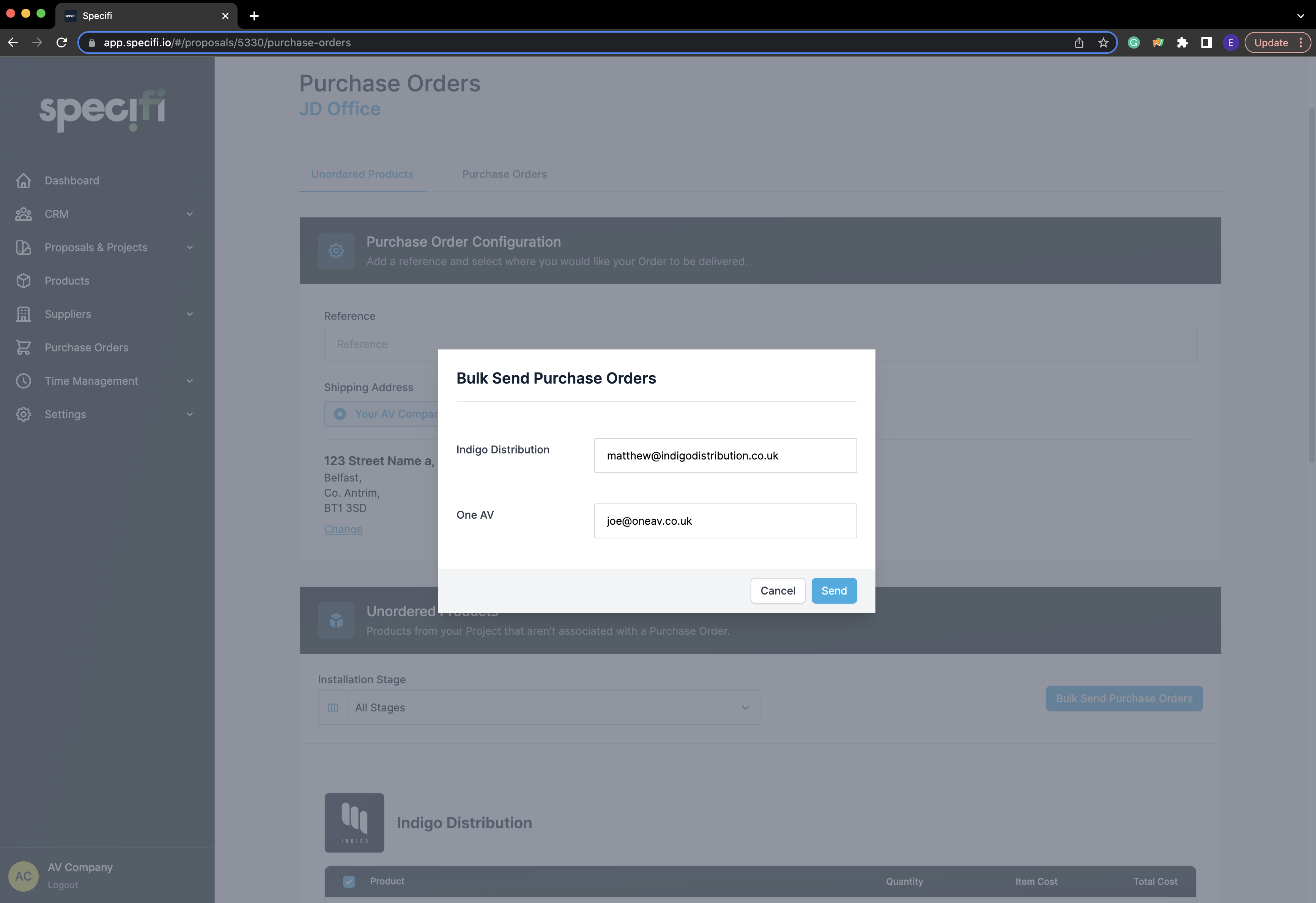 Specifi bulk-send purchase-orders screen, drafting POs from a project bill of materials with live supplier pricing