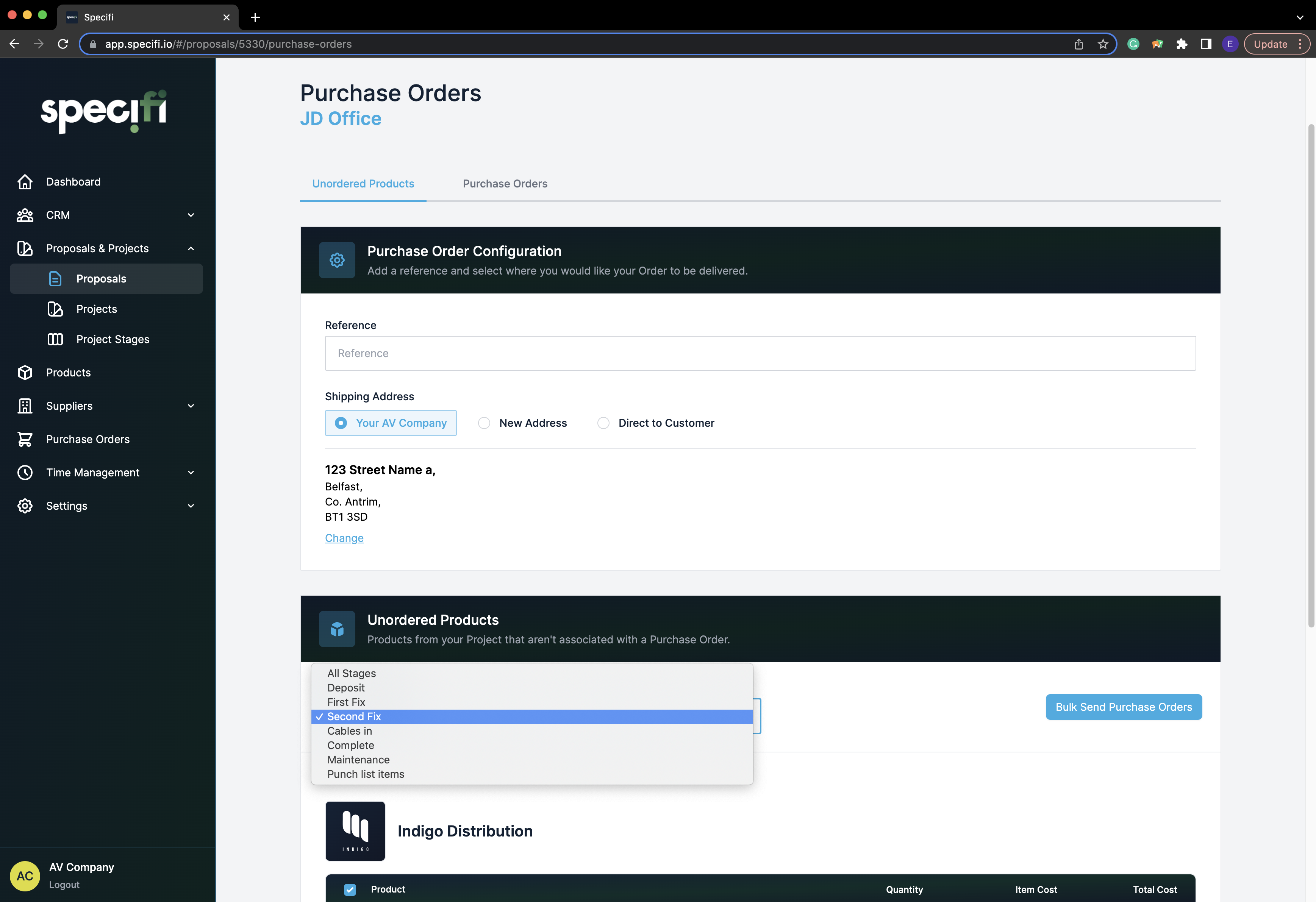 Specifi purchase orders organised by project stage: first-fix, second-fix, commissioning, handover