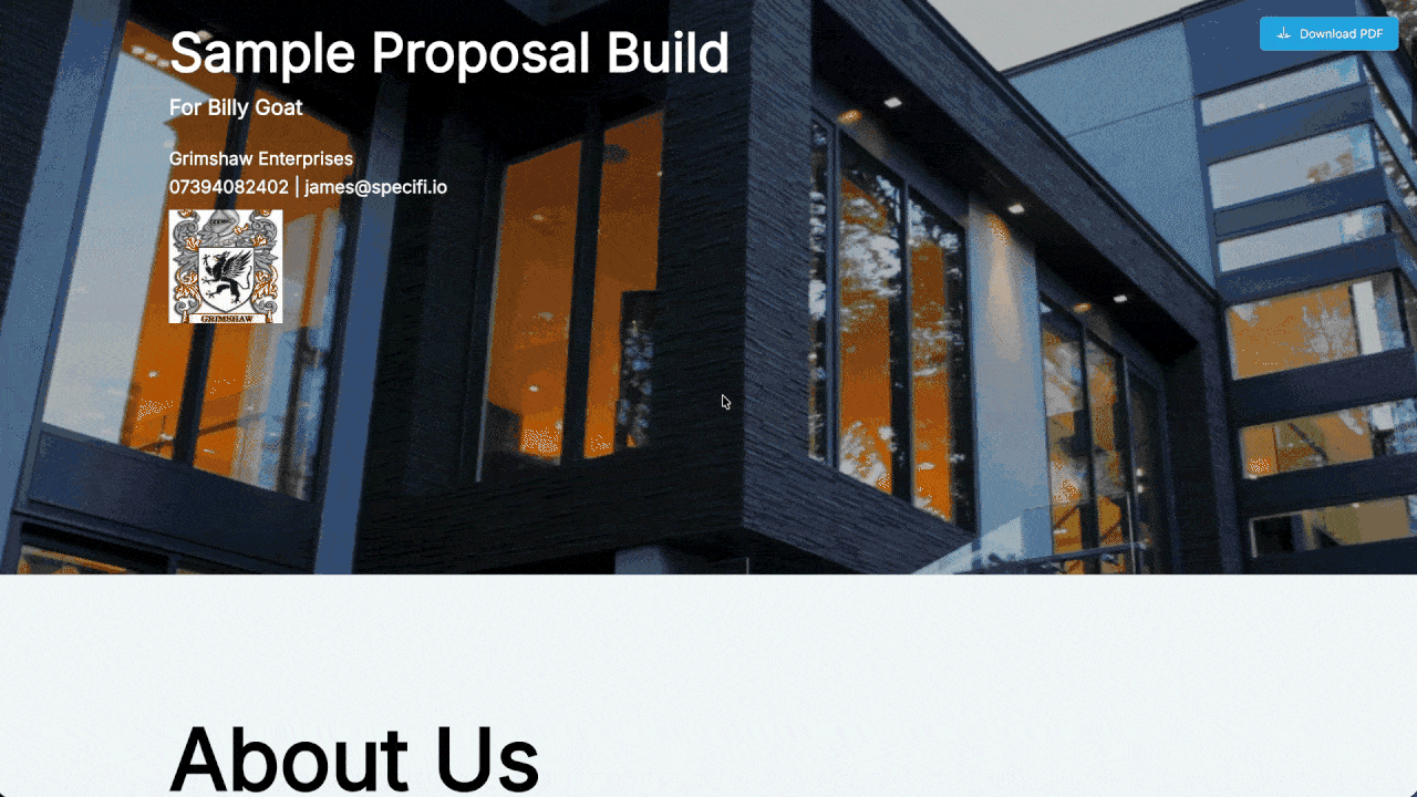 Specifi proposal digital acceptance walkthrough: client e-signature drawn in the portal, the proposal converting to an invoice, and the Stripe deposit collecting against it