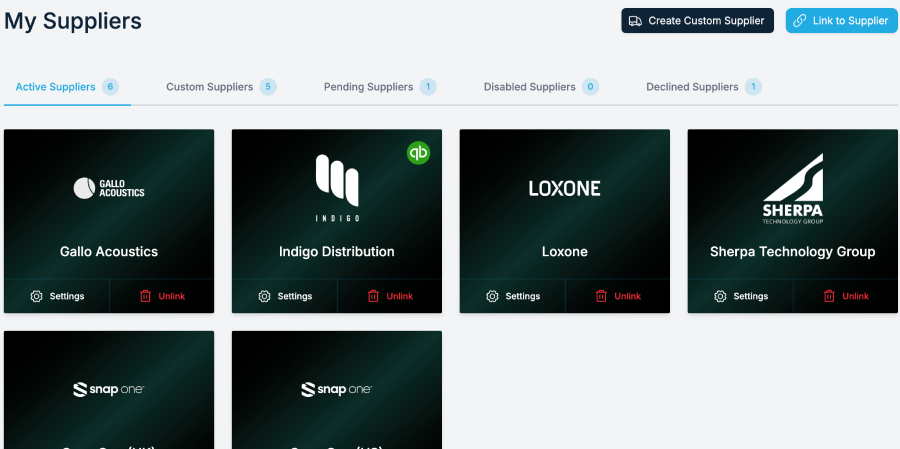 Specifi supplier catalogue dashboard with affiliated and non-affiliated supplier sources