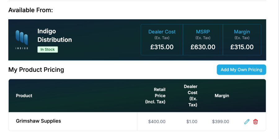 Specifi supplier pricing surface with live trade pricing updated through the Supplier Portal feed