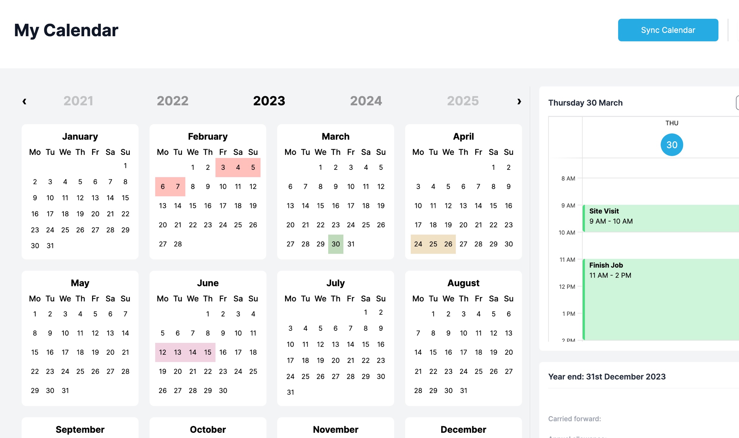 Specifi holidays and time off management screen with team calendar overlay