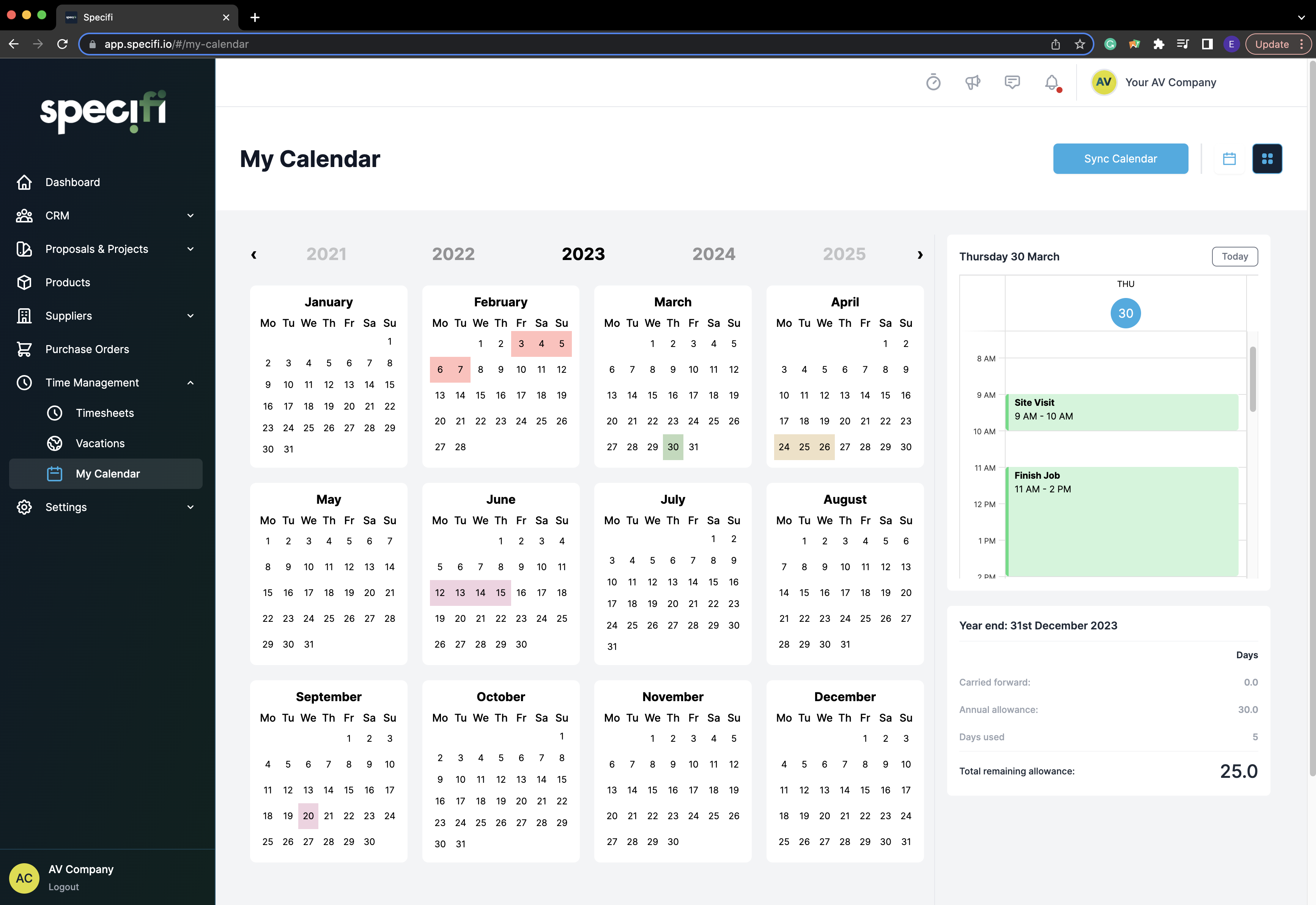 Specifi resource calendar showing team availability and clash detection