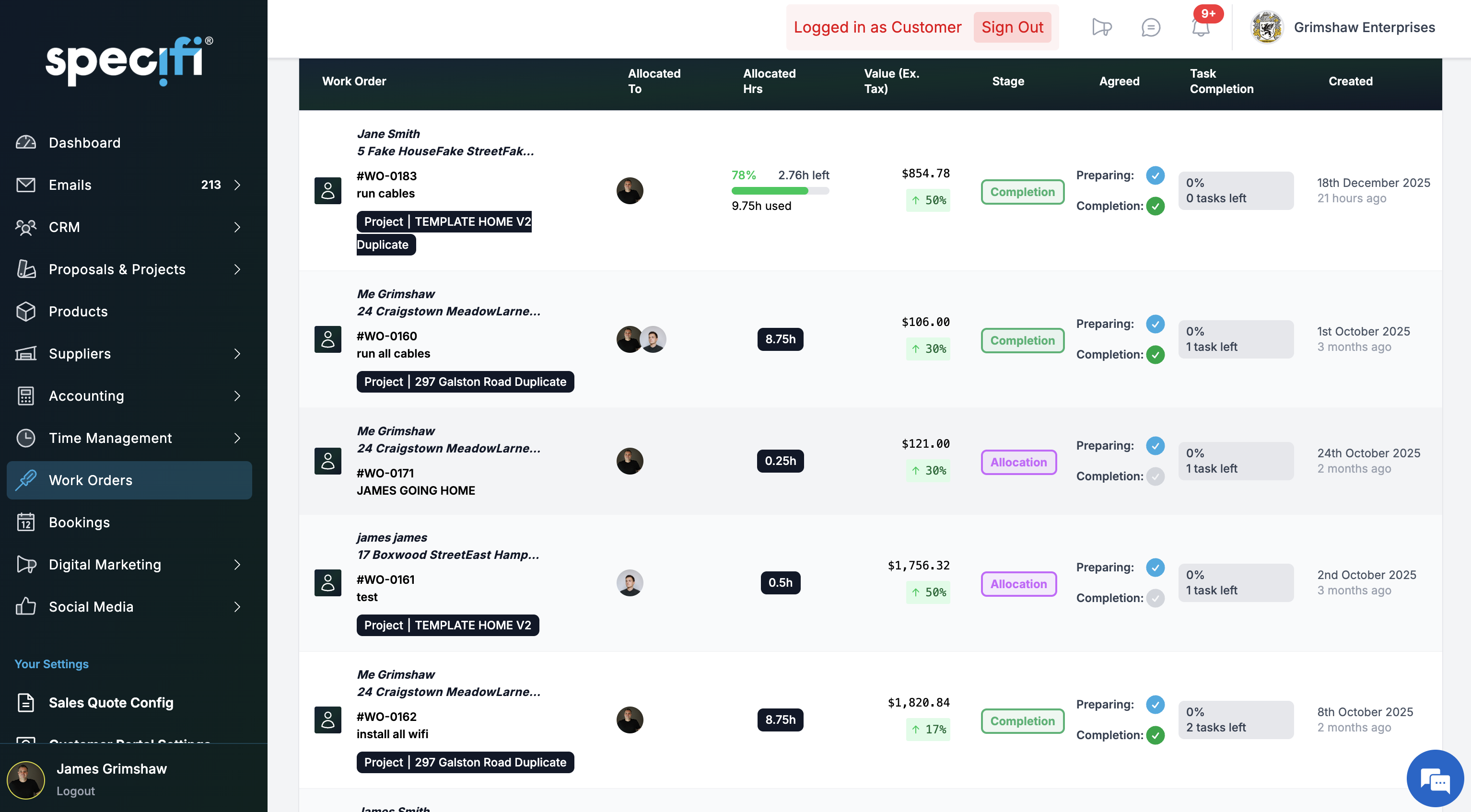 Specifi work order creation screen drawing site address, parts pick list, and schematics from the parent project