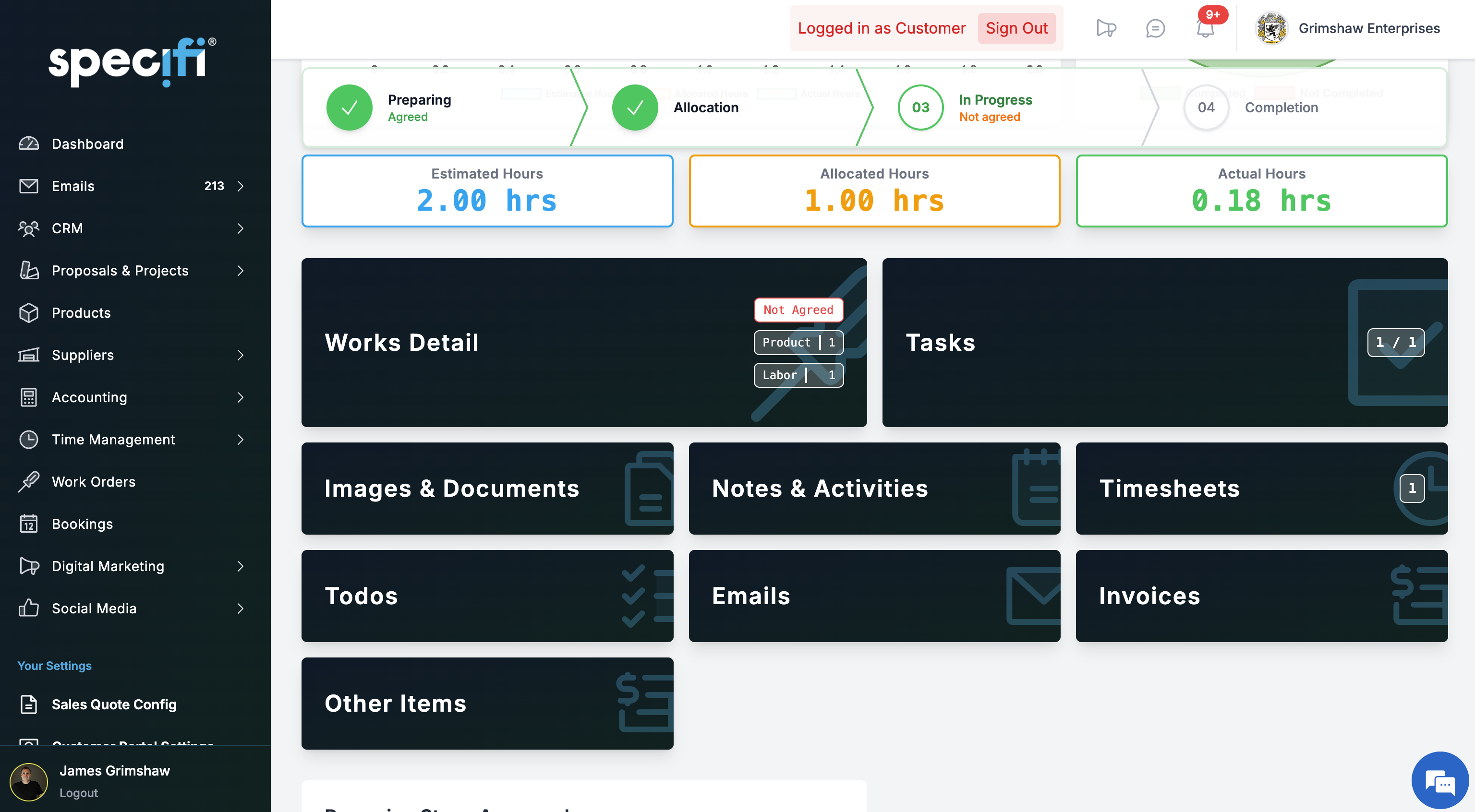 Specifi work order status board with configurable stages: preparing, allocated, in progress, complete, signed off